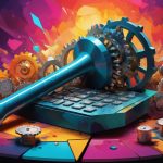 A picture of a hammer, gears, and a calculator